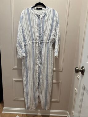 Light Blue & White Striped Maxi Dress with Drawstring Waist